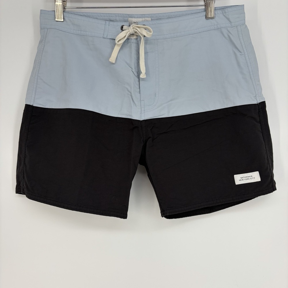 SATURDAYS NYC Black Blue Mens Board Shorts 32 Luxury Swim Trunks Basic Beach